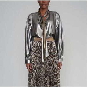 Le Superbe Vintage Gold Pewter Costes Tie Front Blouse Nwt Large